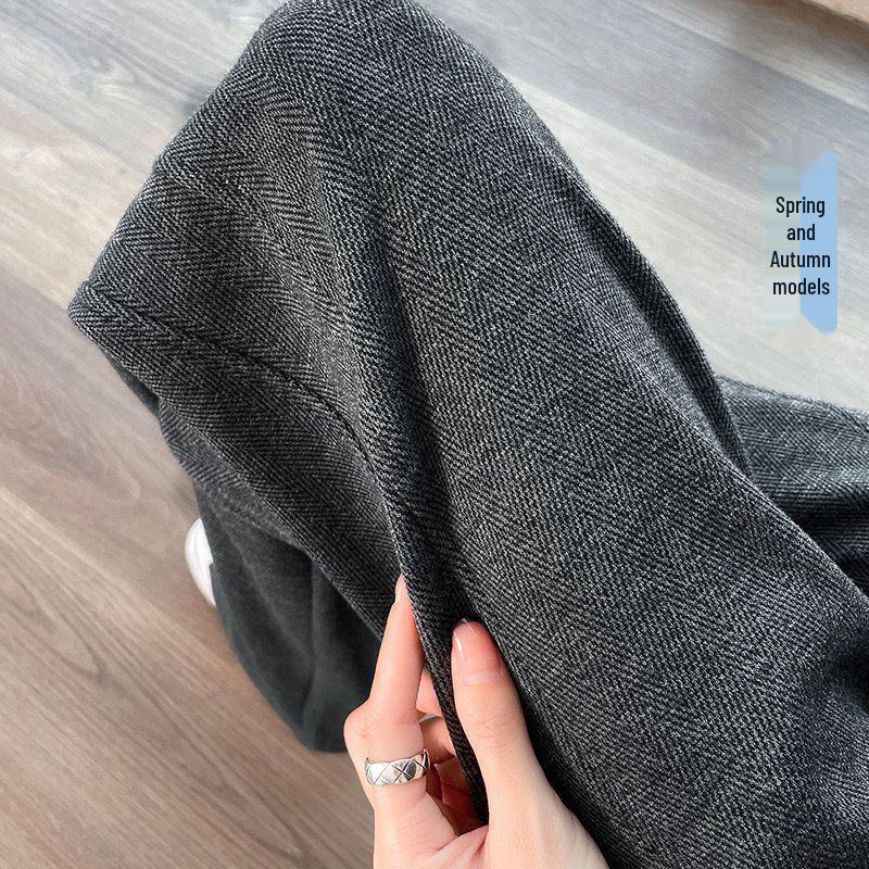 2026 Autumn/Winter Women's High-Waisted Herringbone Wide-Leg Pants with Plus Velvet and Slit, Slim Straight-Leg Design