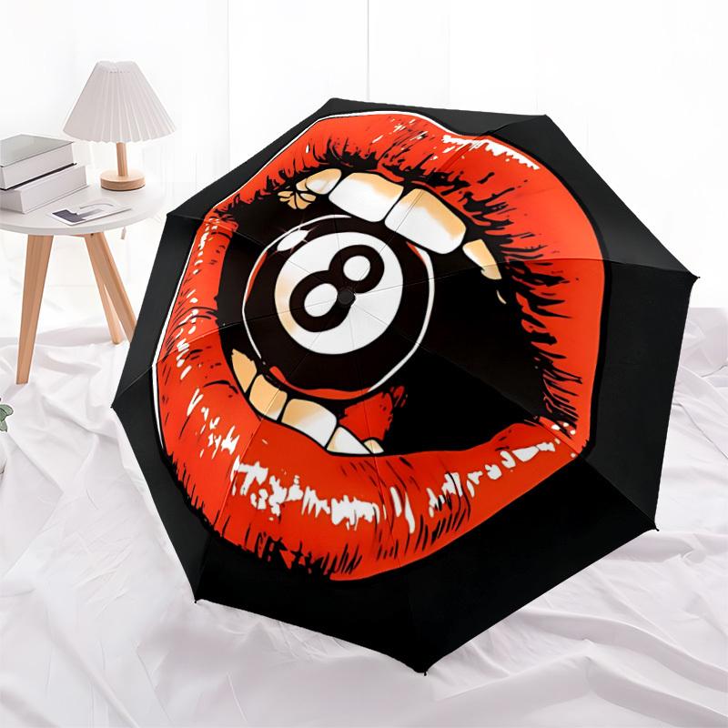 1pc Lips Eight Ball Automatic Open/Close Umbrella, Windproof, Folding Compact Umbrella with Lightweight Design for Women/Men047
