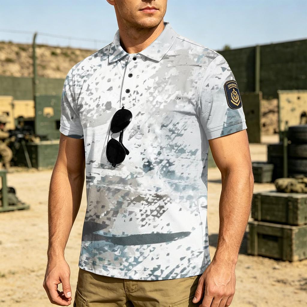 Men Tactical Polo Shirt Loose Fit Short Sleeve Breathable Outdoor Quick Dry Camouflage Print Velcro Patch Design Lapel Collar Top