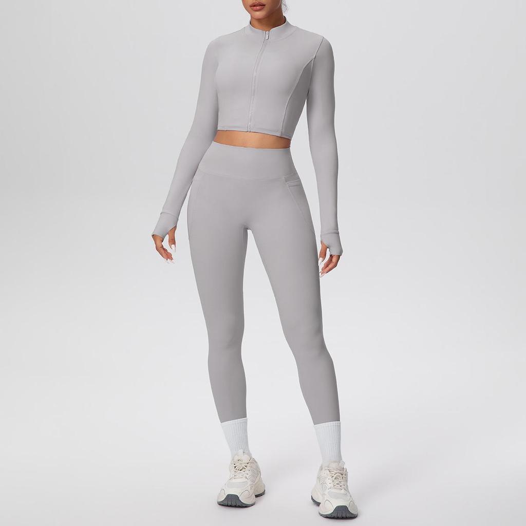 Zipper Crop Top Jacket & High-Waist Butt-Lifting Pocketed Pants Sports Set - Perfect for Yoga, Running, & Casual Fitness.