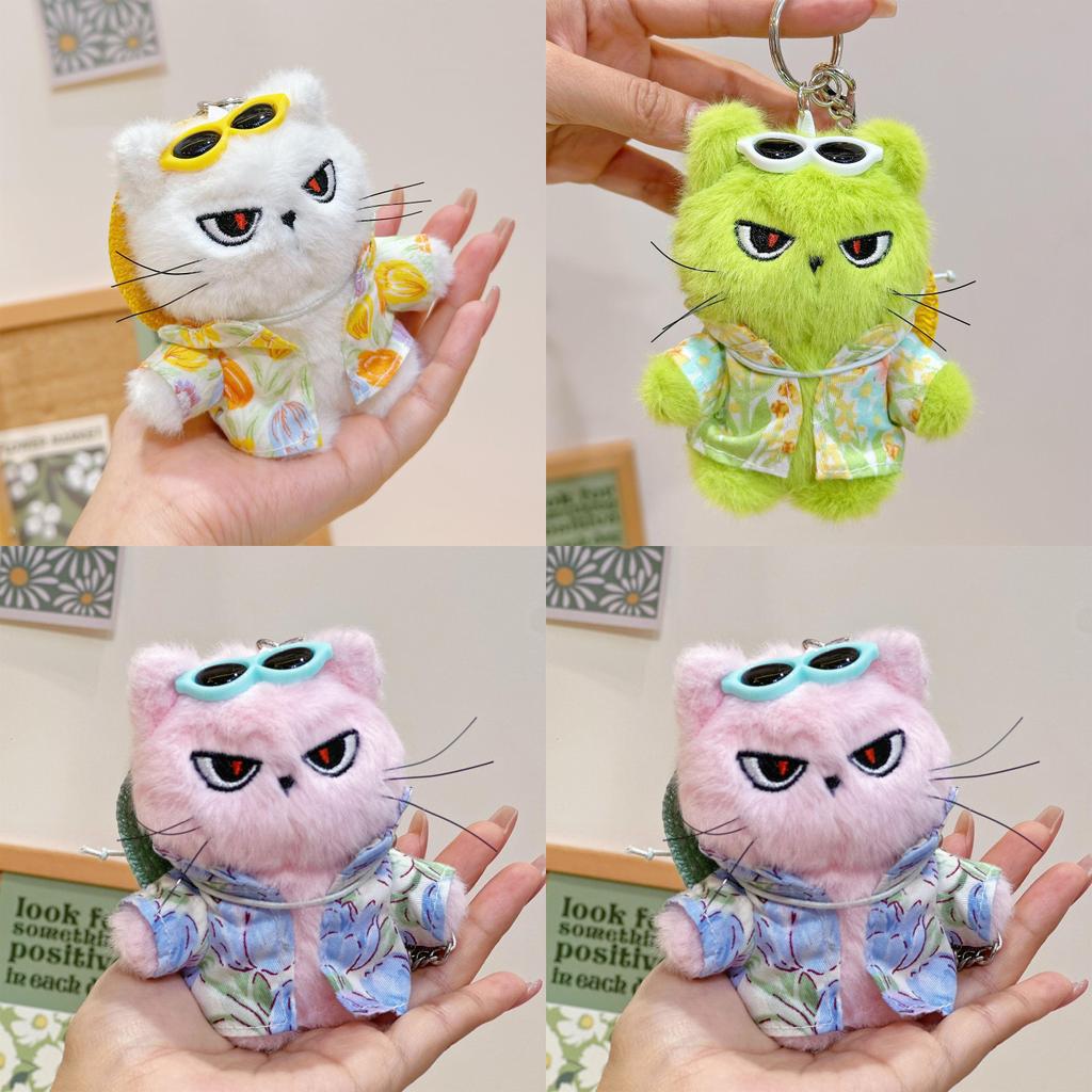 Plush Cat Keychain With Flower Shirt And Sunglasses Design For Cute Gift And Bag Decoration