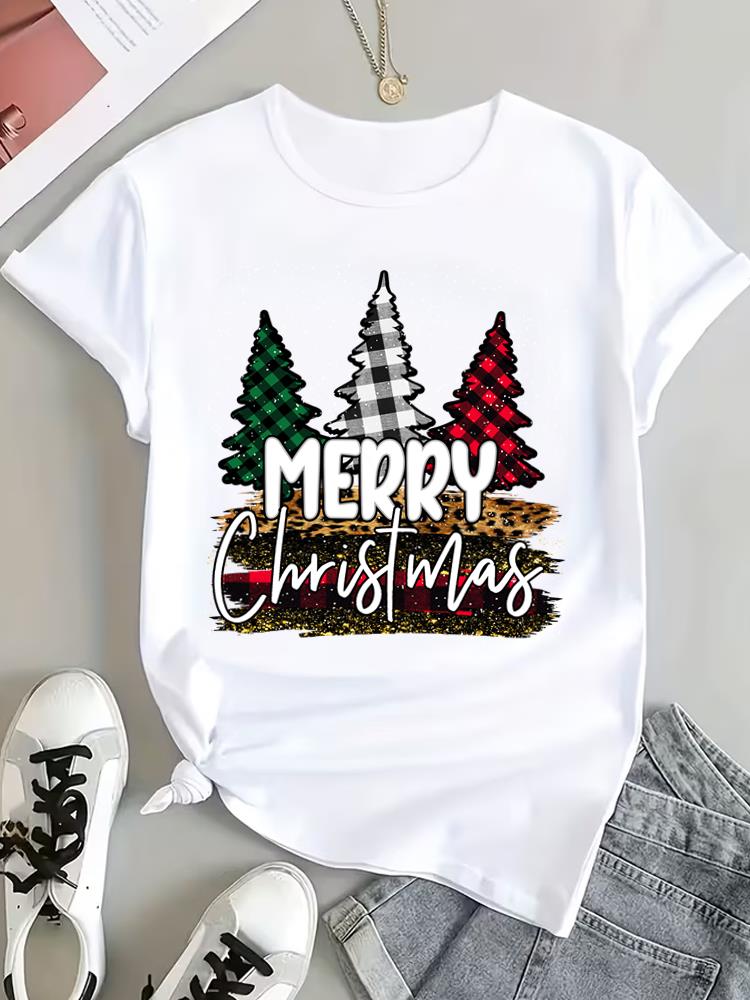 (Asian Size) Peace Trend Christmas Clothing T Shirt Tee Top Festival New Year Women Fashion Print Female Woman Short Sleeve Graphic T-shirts