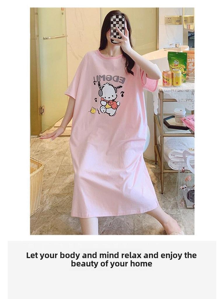 Women's Plus Size Summer Cartoon Nightdress – Lightweight, Round Neck, Short Sleeves, Mid-Length