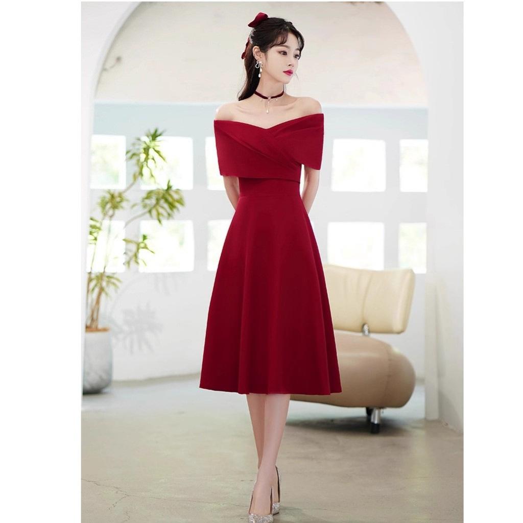 Atmospheric Red Shoulder Bride Wedding Toast Engagement Dress Back Door Small Man Belly Cover Dress Banquet