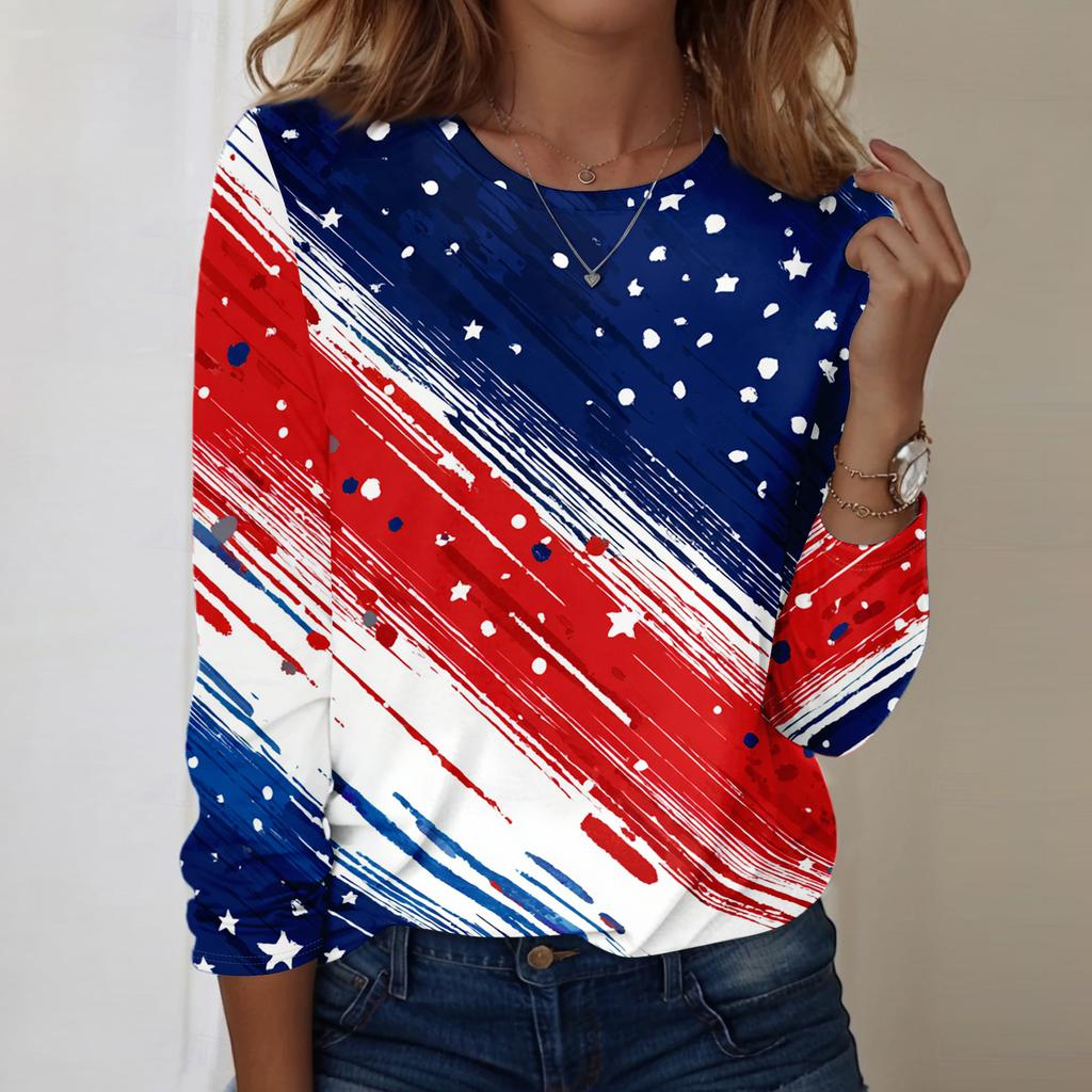Women's Fashionable Casual Long-Sleeved Independence Day Print Neck Top