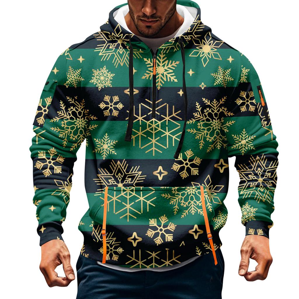 Sudadera deportiva casual de media cremallera con capucha y estampado navideño para hombre