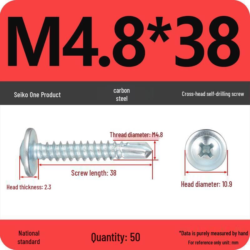 Galvanized Carbon Steel Cross-Head Round Screw with Washer, Flat Head, Self-Tapping & Self-Drilling Fishtail Design