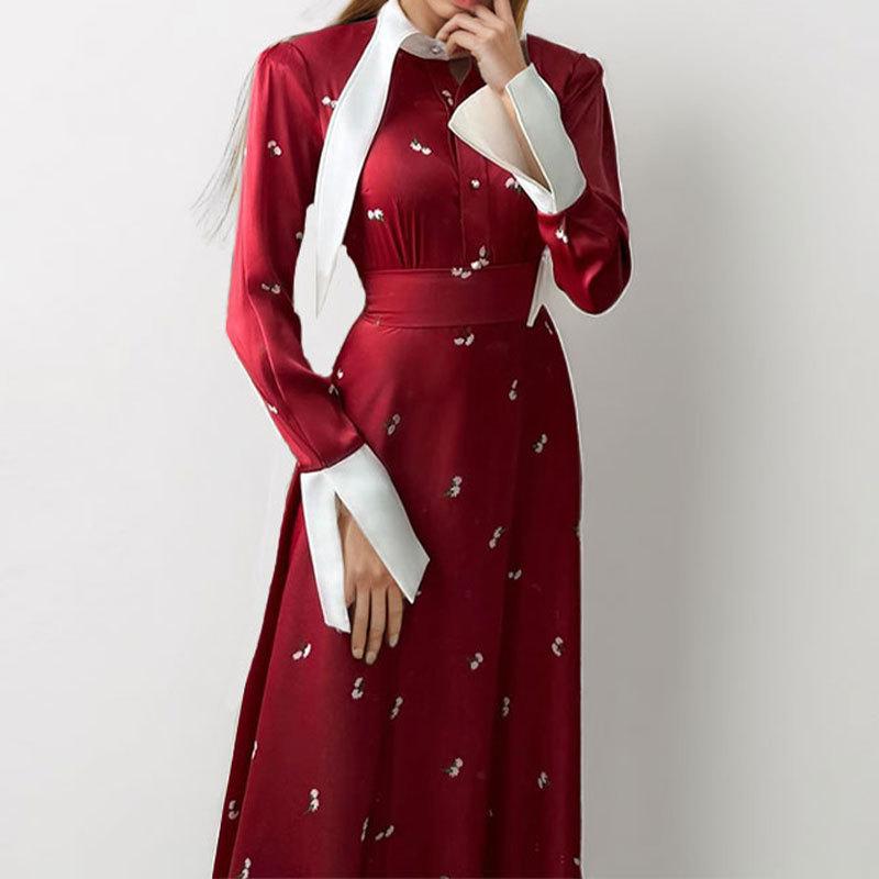 Women's clothing 2025 new temperament elegant printing design long dress lapel big pendulum autumn and winter dress