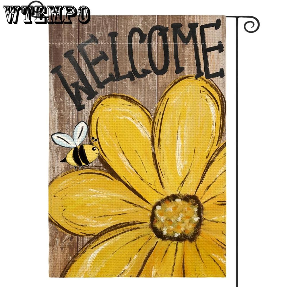 2pcs Bee Sunflower Spring Summer Garden Flag 12x18 Inch Double Sided Outside Welcome Wood Grain Yard Outdoor Flag