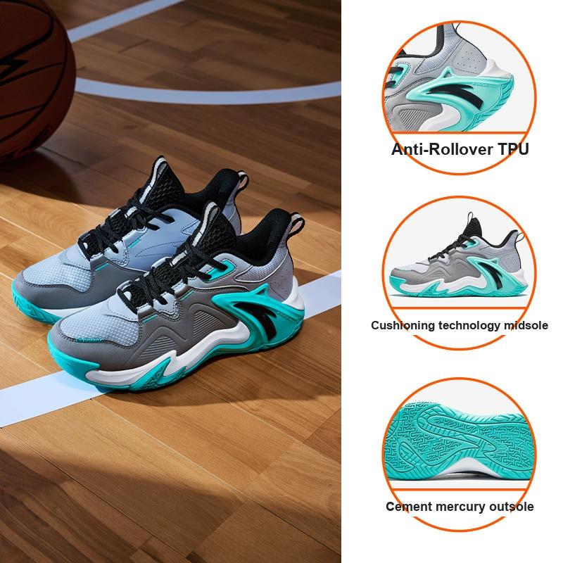 Anta Kids Air Space Non-Slip Shock Absorbing Wear-Resistant Breathable Low-Top Basketball Shoes Kids Sneaker Gray Black A12431102-2