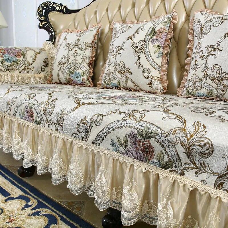 European Vintage Jacquard Potahy na pohovku Luxusní protiskluzový polštář na pohovku 1/2/3 Sedadla Chrániče nábytku Potah na pohovku