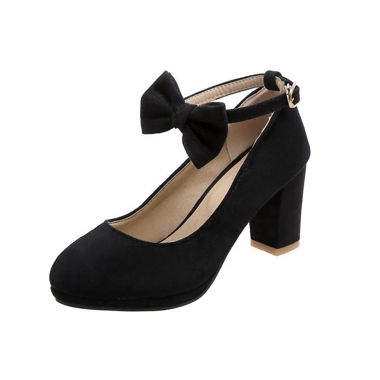 Ankle Strap High Heels Sweet Bowknot Women's Pumps Flock Woman Thick Heel Mary Jane Women Party Shoes Ladies Footwear 33-43