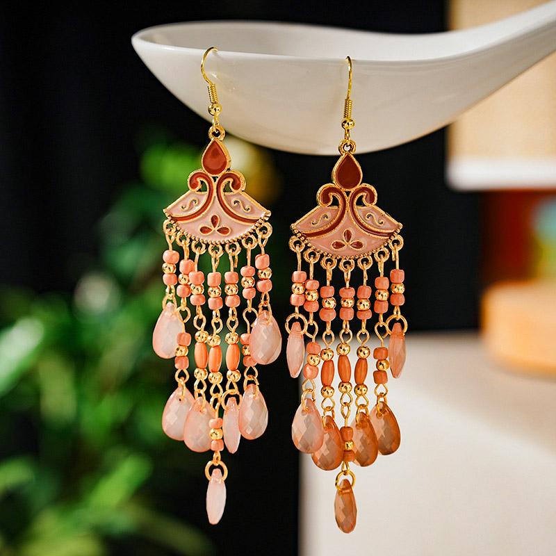 Bohemian Fan Shaped Water Drop Earrings for Women Ethnic Long Temperament Dangle Earring Party Vacation Jewelry