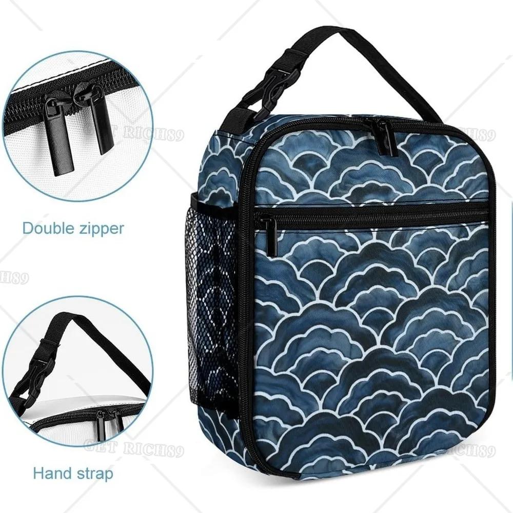 Navy Blue Wave Reusable Portable Lunch Bag for Women Men Insulated Lunch Box with Zipper Cooler Tote Bag for Work Picnic Camping
