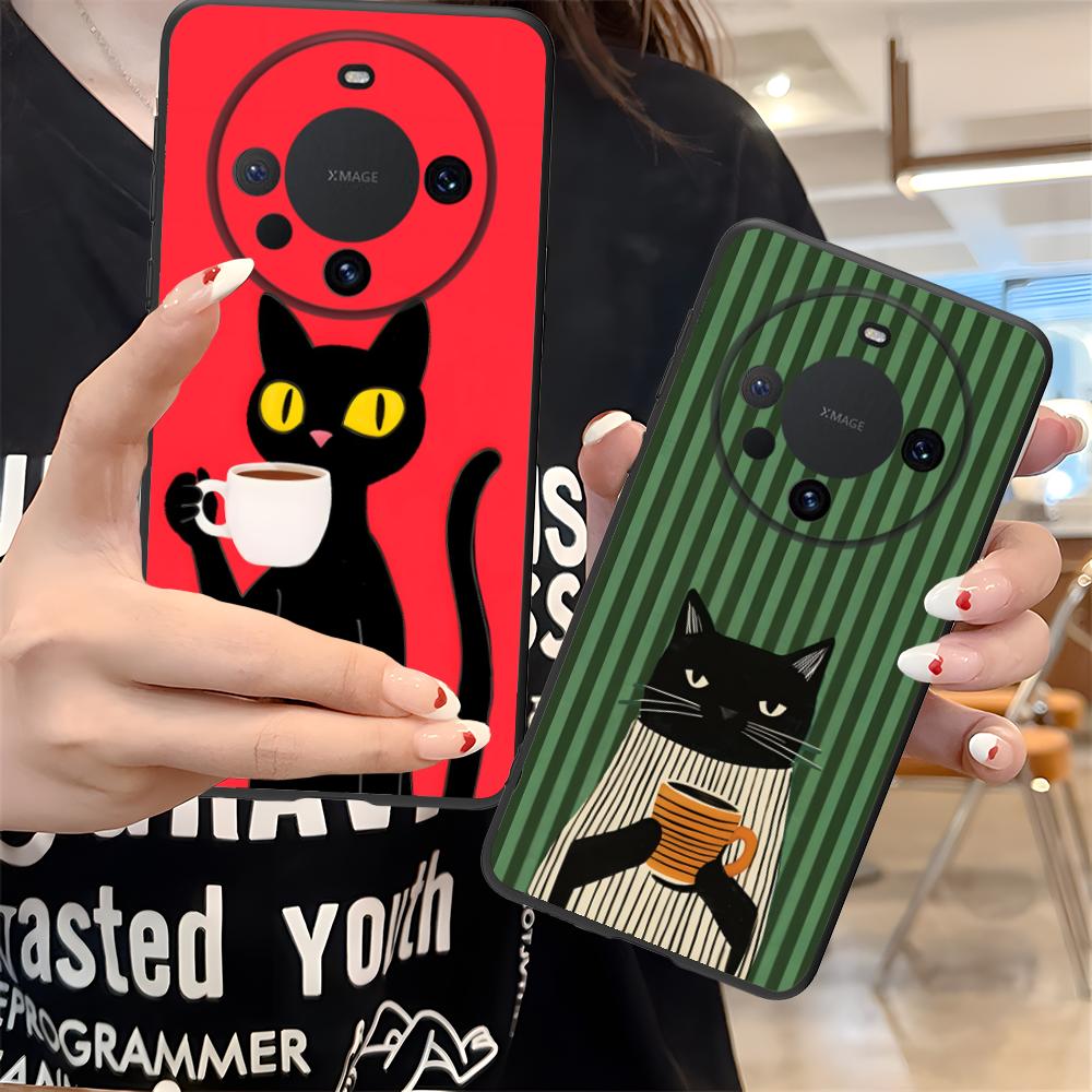 Cute Coffee Cat Matte TPU Mobile Phone Case for Huawei Mate 60 50 40 30 20 10 Pro Plus Lite E 5G Colorful Printing Cover