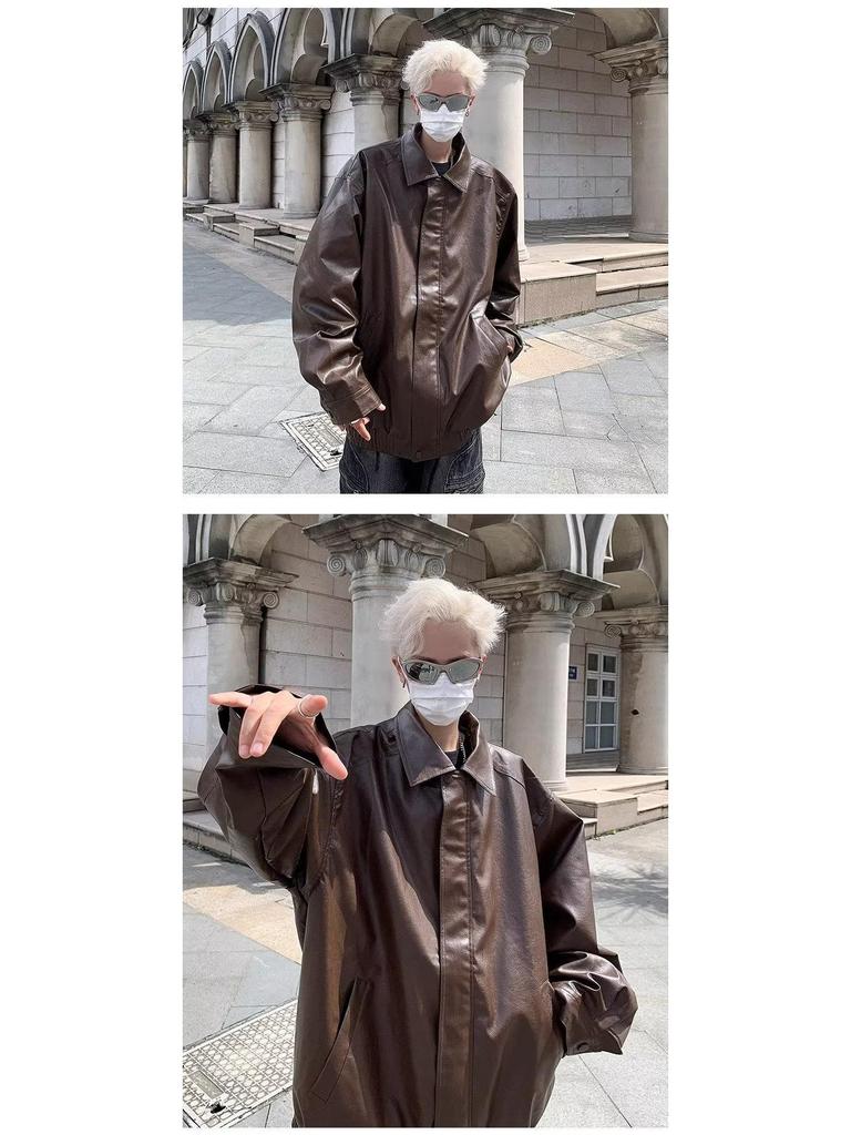 Men's Japanese Retro Leather Motorcycle Jacket - Spring/Autumn Streetwear, Trendy Loose Fit, Cool Lapel Style.