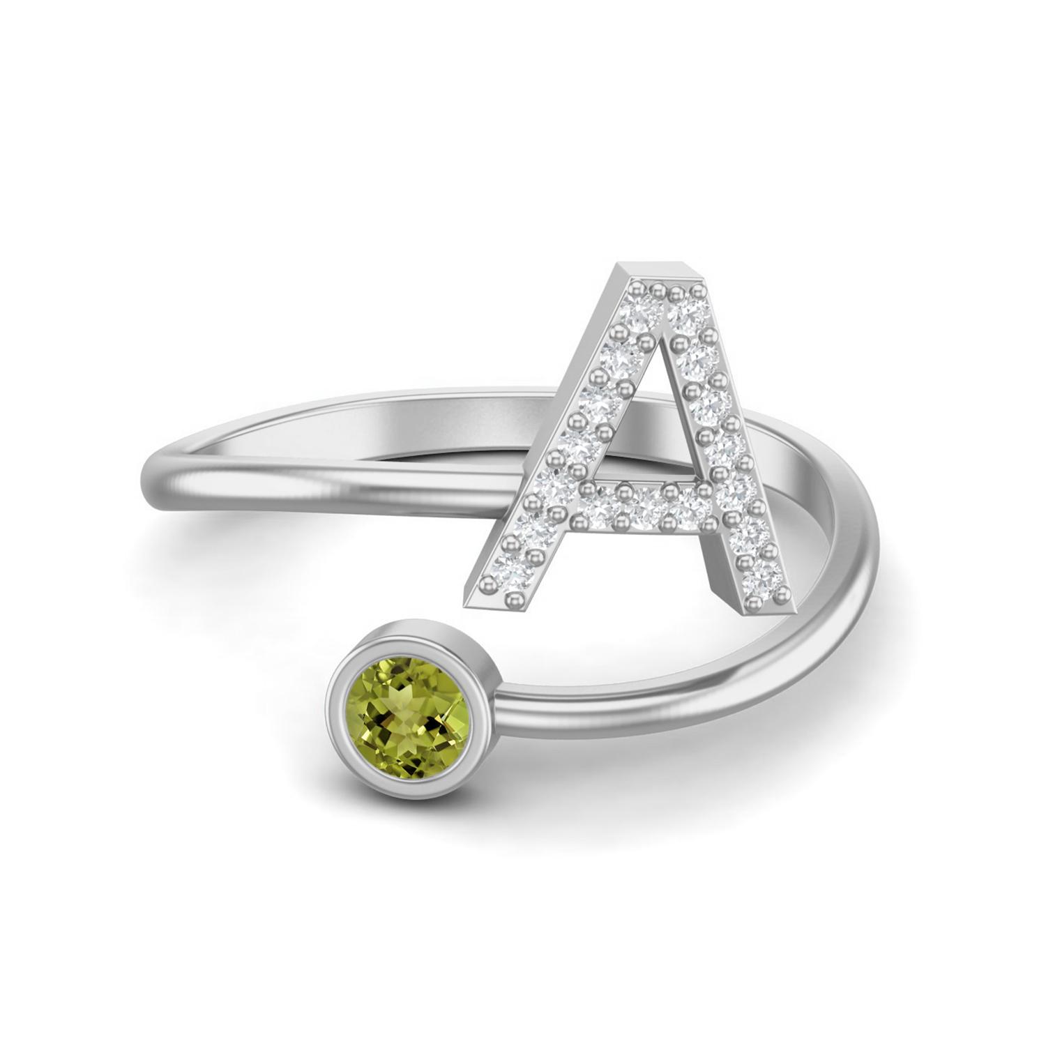 Capital A Initial Letter 3MM Round Peridot 925 Sterling Silver Women Adjustable Wedding Ring 6 белый