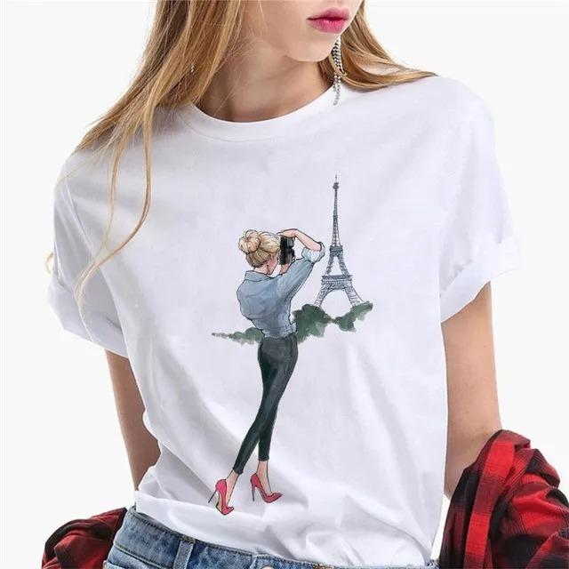 Damen T-Shirts Weibliches T-Shirt Cartoon Kleidung Kurzarm Lässig Reise Glückliche Zeit Süßes Hemd Mode Dame Grafik-T-Shirt Oberteil
