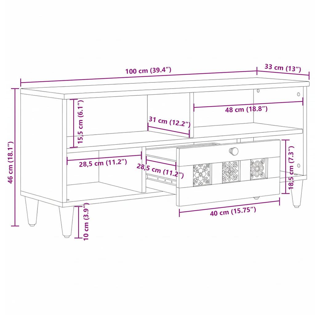 TV Stand with Shelf Walnut Finish 100 X 33 X 46 Cm Solid Mango Wood