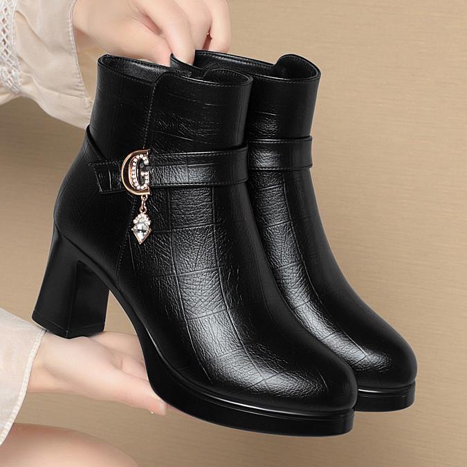 Women's High Heel Winter Boots - Waterproof Leather, Thick Platform, Plus Velvet Fashion Design