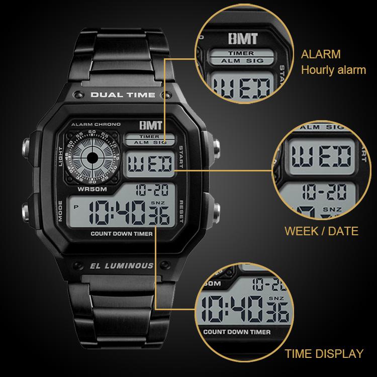 Luxury LCD Fashion Waterproof Electronic Gold Stainless Steel Strap Sports Dual Time Wrist Digital Watches