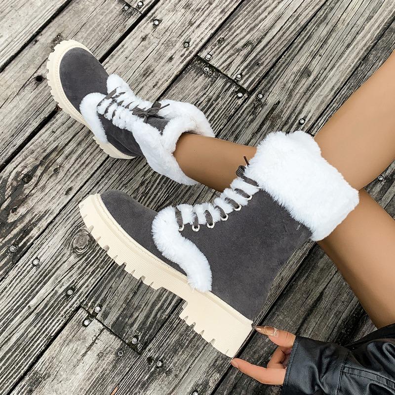 

Autumn and winter large size cotton boots fluffy medium tube plush warm snow boots thick sole flanged thick heel medium tube boots women 43