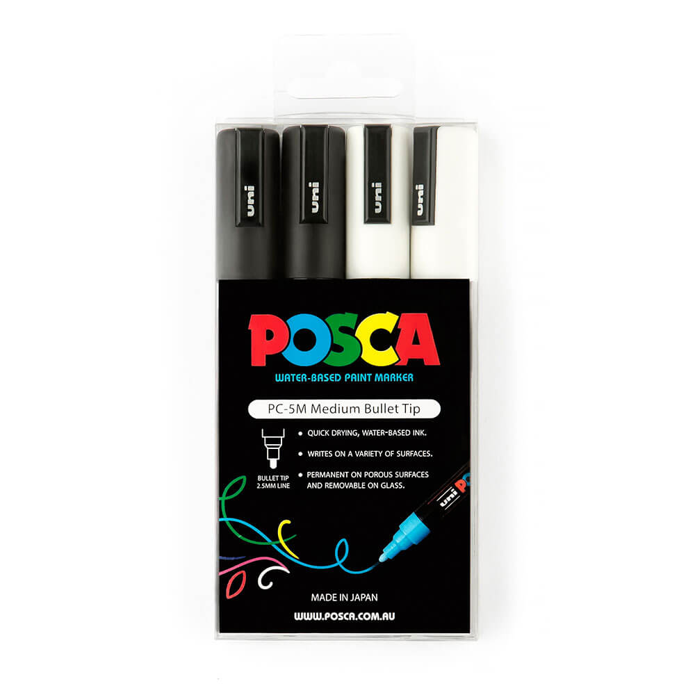 Uni Posca Marker mit 2,5 mm Spitze, sortiert (4 Stück) weiß/schwarz