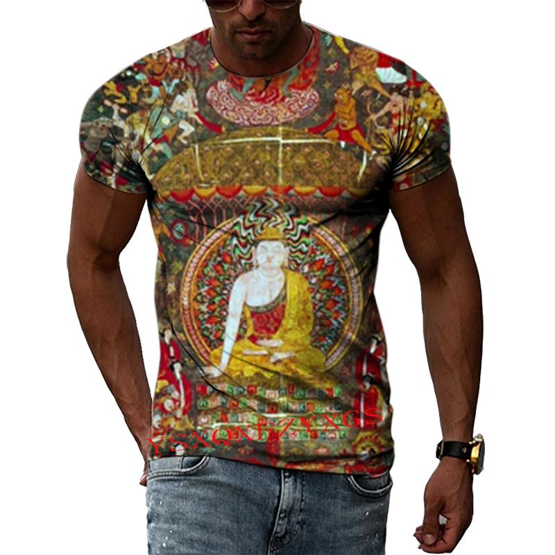 China Dunhuang Mural Art 3D Harajuku Printed Men's And Women's Summer Short-Sleeved Round Neck Literary Fashion T-shirt Top