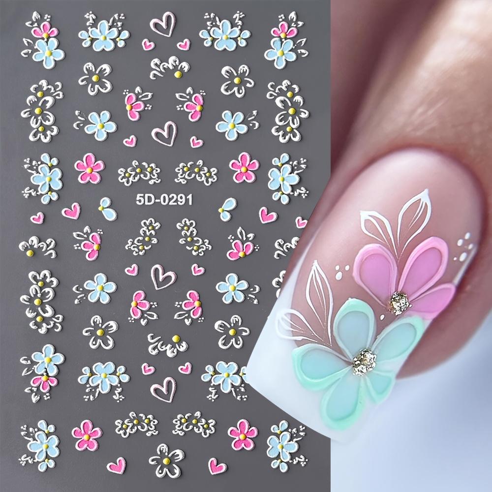 

1PC 5D Floral Nail Stickers, Pink Blue Flower Butterfly Heart French Line, Spring Acrylic Decals Slider for Manicure Gift червоний