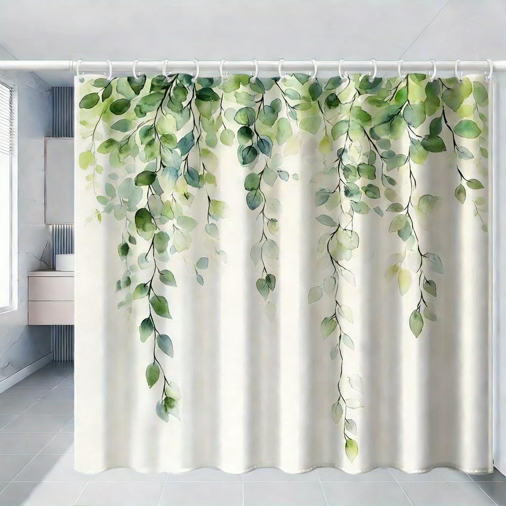Watercolor Green Hanging Leaves Waterproof Shower Curtain For Bathroom Decor
