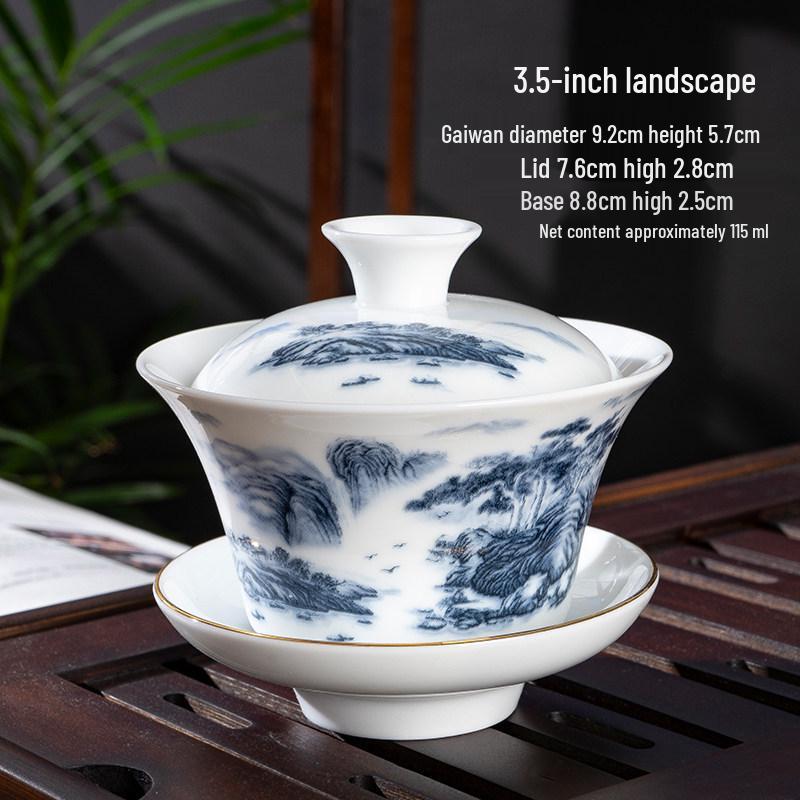 Chaozhou Blue and White Porcelain Gongfu Tea Set: Gaiwan, Mini Tea Cup, and Bowl
