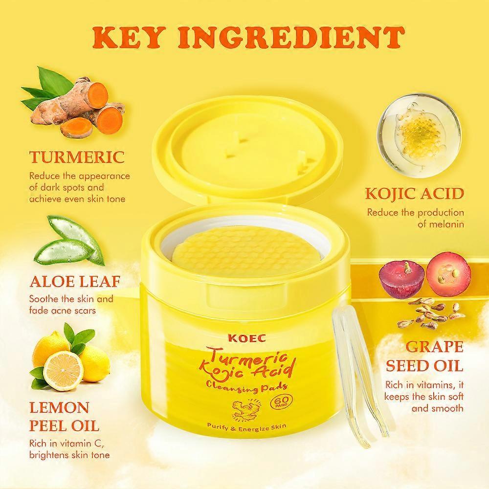 60 Pads Kojic Acid and Turmeric Cleansing Pads for Dark Spots and Uneven Skin Tone, Brightening and Exfoliating Face Pads with Natural Ingredients, An