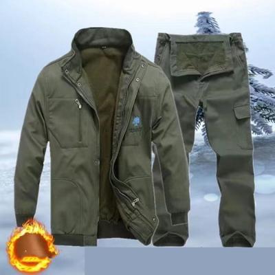 Men's Autumn Winter Outdoor Camouflage Stand Collar Thermal Jacket Fleece Thickening Suit Jacket+Pants 2-Piece Set
