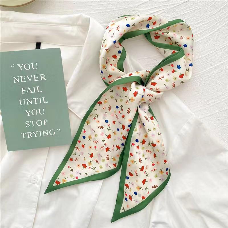 

Small White And Tender Green Silk Scarf For Women, Thin Streamer, Headband, Hair Tie, Bag Decoration Long