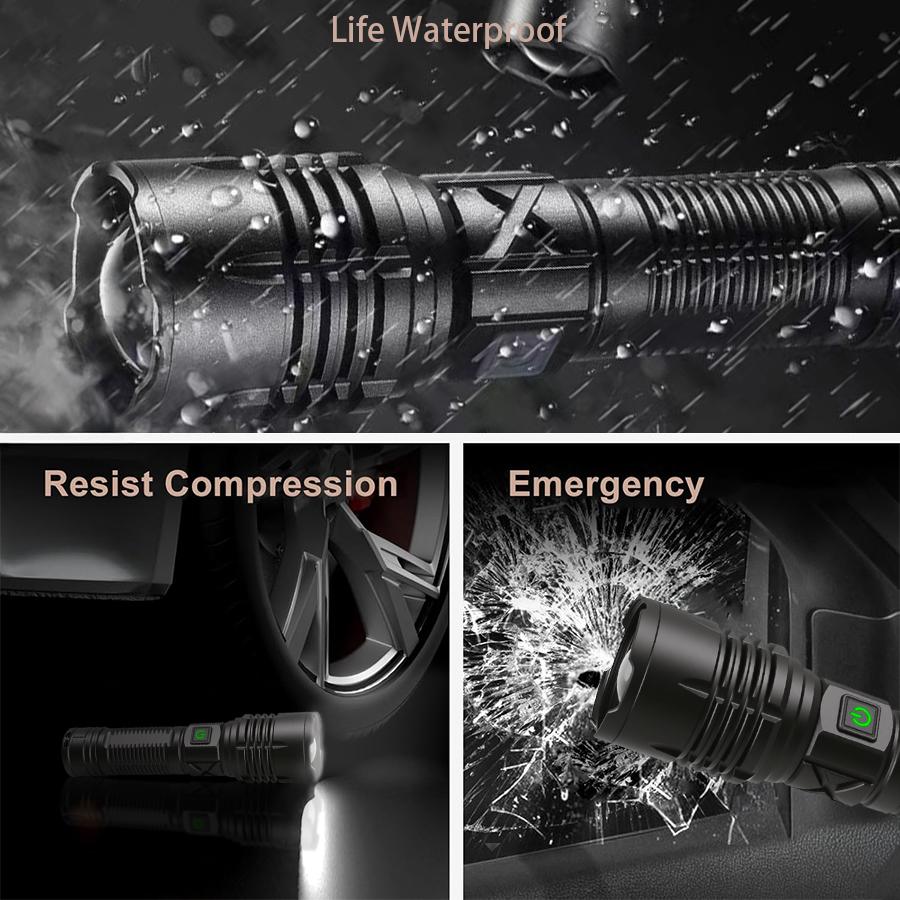 100000LM LED Flashlight USB Rechargeable Zoom Torch Strong Light Focused Light Source Can Light a Flame Waterproof Lantern