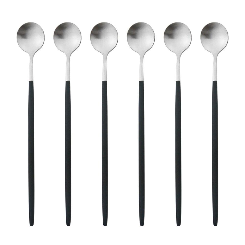 6ks Barevné příbory s dlouhou rukojetí Matné nerezové Lžíce Leštěné Míchání Nápoj Zmrzlina Dezert Čajová lžička Sada nádobí