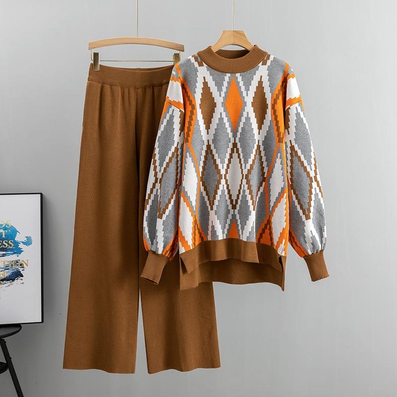 Knitted Wide-legged Trousers Sweater Suit Women's Autumn Plus Size Loose Fashion Temperament Pant Suit