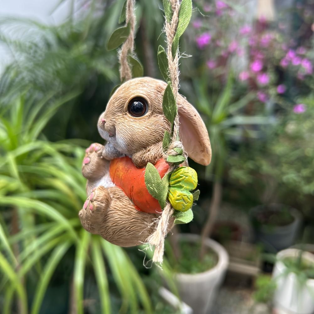 Swing Bunny Garden Statue Resin Sculpture Cute Handpainted Hanging Animal Figurine Decoration for Office Gift Trees Home Rabbit