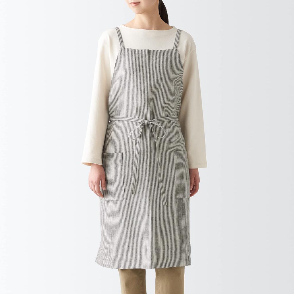 MUJI Linen Plain Weave Cafe Charcoal Gray Free 12835769 Apron, Stripe, Size,