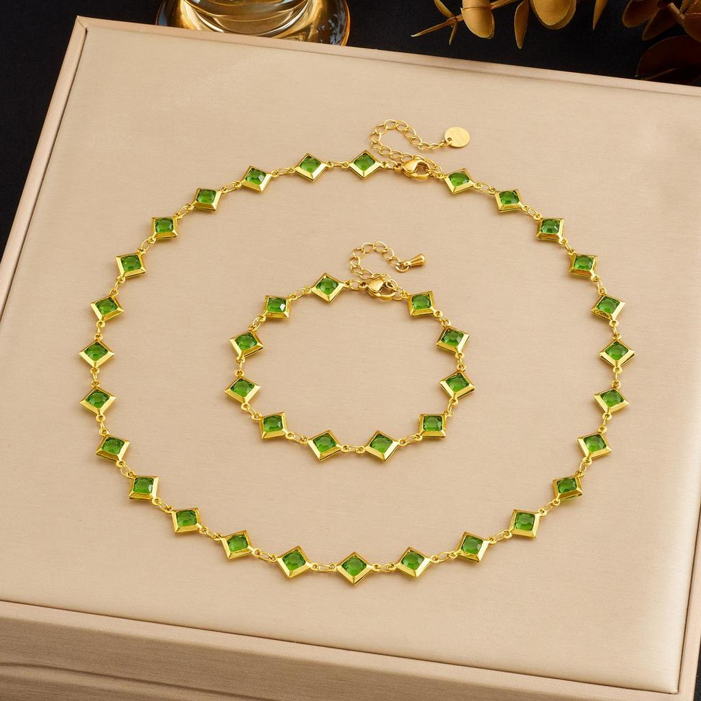 High-End Olive Green Rhinestone Gold-Plated Stainless Steel Connector Set