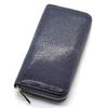 [Revetta] Stingray Leather Long Wallet with Round Zipper, Stingray and Galuchat Design, Navy Blue, Genuine Leather with Gray Leather Interior [196stw]