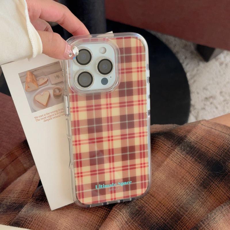 Korean Autumn/Winter Plaid Case for iPhone 17 Pro Max - Brown & Orange for Women