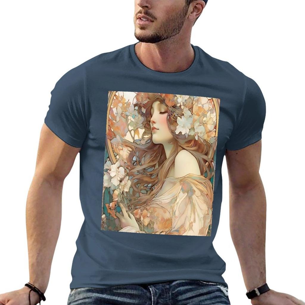 Mucha Inspired Art Nouveau Floral Design TShirt Simple Trendy Casual TShirt