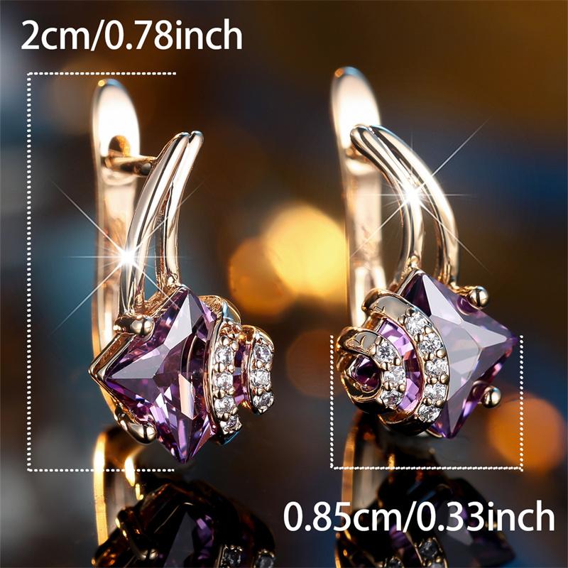1 Pair Golden Color Square Cut Purple Stone Drop Earrings Valentine's Day Jewelry Gifts