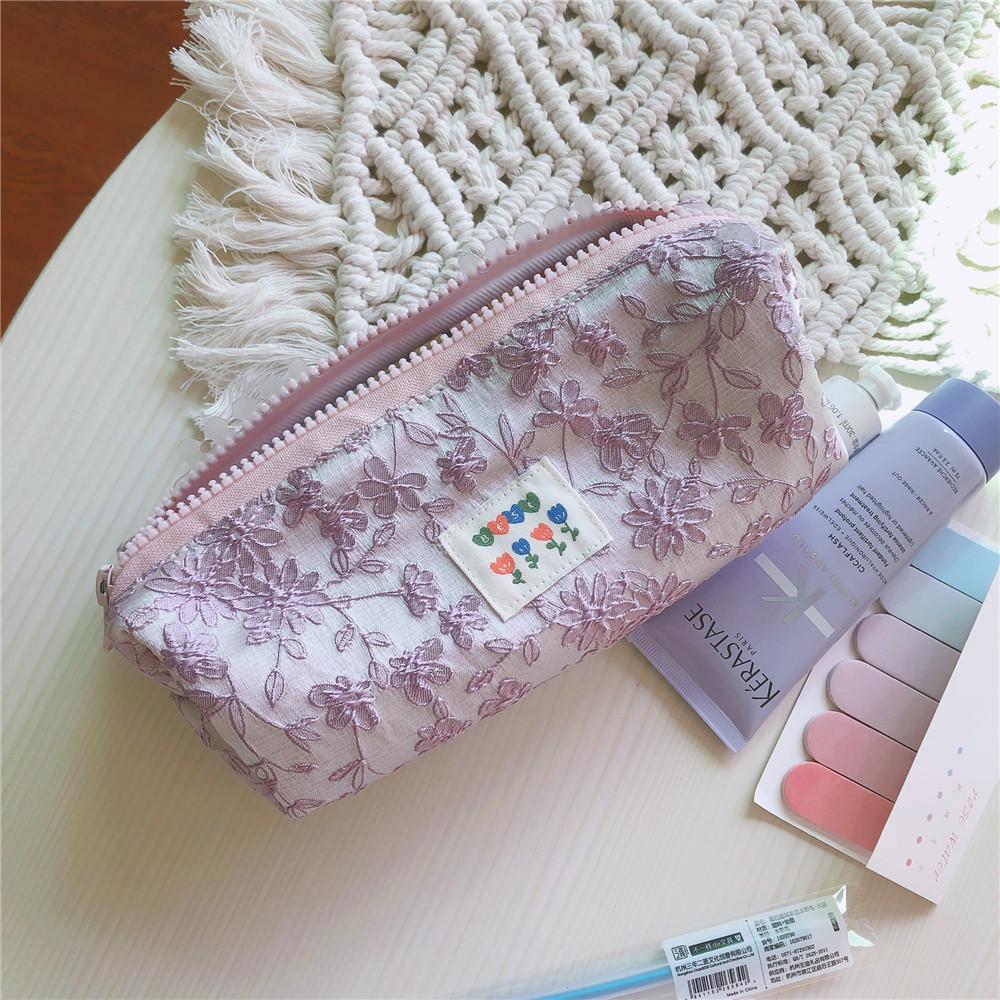 Light Colored Floral Storage Bag Cute Cotton Toiletry Bag Student Stationery Floral Pencil Case Sweet Beauty Style Storage Bag
