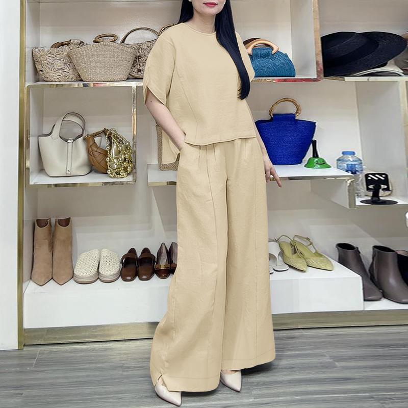 

ZANZEA Женская блузка с коротким рукавом и брюки Летние комплекты-двойки S абрикосовый