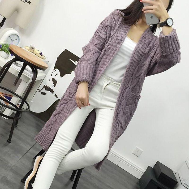 Dámský módní ležérní dlouhý jednobarevný svetr bez knoflíků cardigan bunda