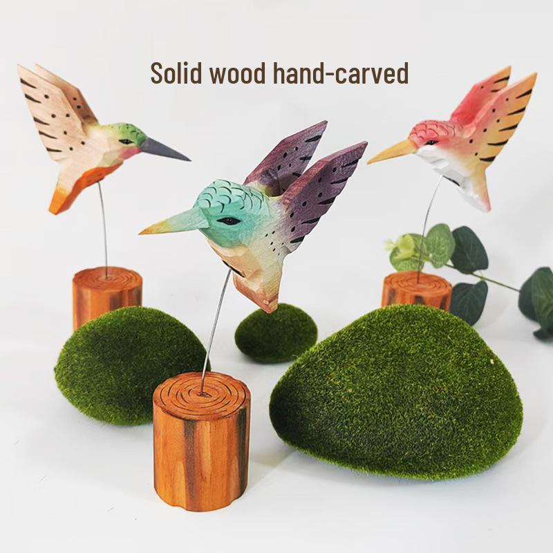 European Style Solid Wood Tabletop Ornament - Hummingbird Handmade Wood Carving Decor