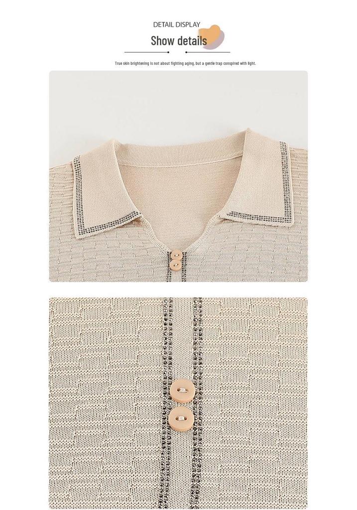 Chic Rhinestone Embellished Short-Sleeve Ice Silk Blouse for Middle-Aged Women - Plus Size Summer Lapel Top