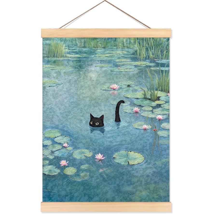 ROXMART Vintage Japanese Sushi Black Cat Poster Hanger Frame, Retro Edo Period Ramen Sushi Cat Wall Art Prints Decor for Kitchen Restaurant Home
